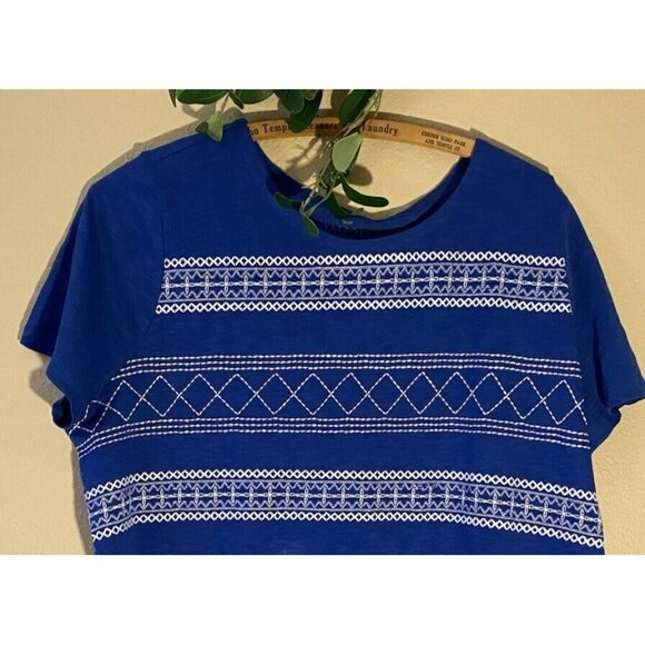 COPY - Talbots T-Shirt Top Size 1X Blue White Embroidered Short Sleeve Crew Nec… - Picture 2 of 7